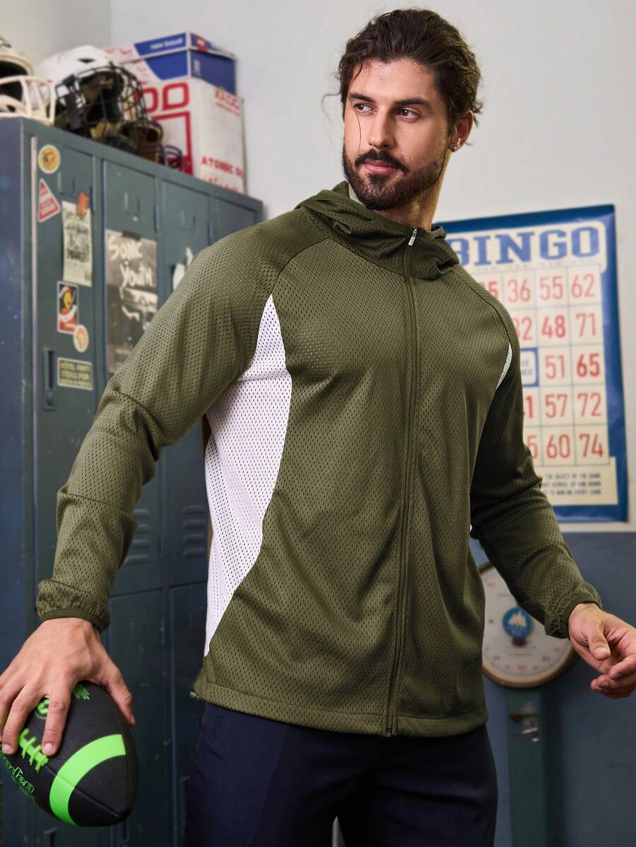 Manfinity Athleisure Boyfriend Style Men's Color Blocking Mesh Hooded Sports Jacket Workout Tops