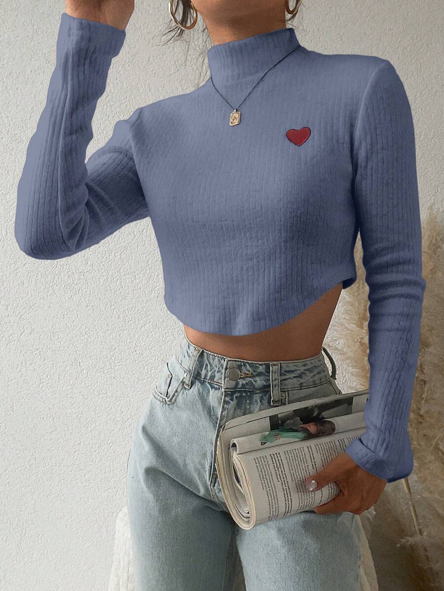 SHEIN Women's Short Crop Top With Embroidered Heart Design And Stand Collar