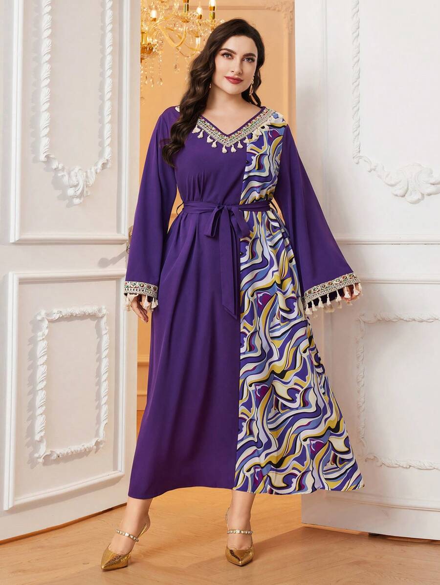 Al Najma Plus Size Printed V-Neck Dress With Tassel Trimmed Flare Sleeves