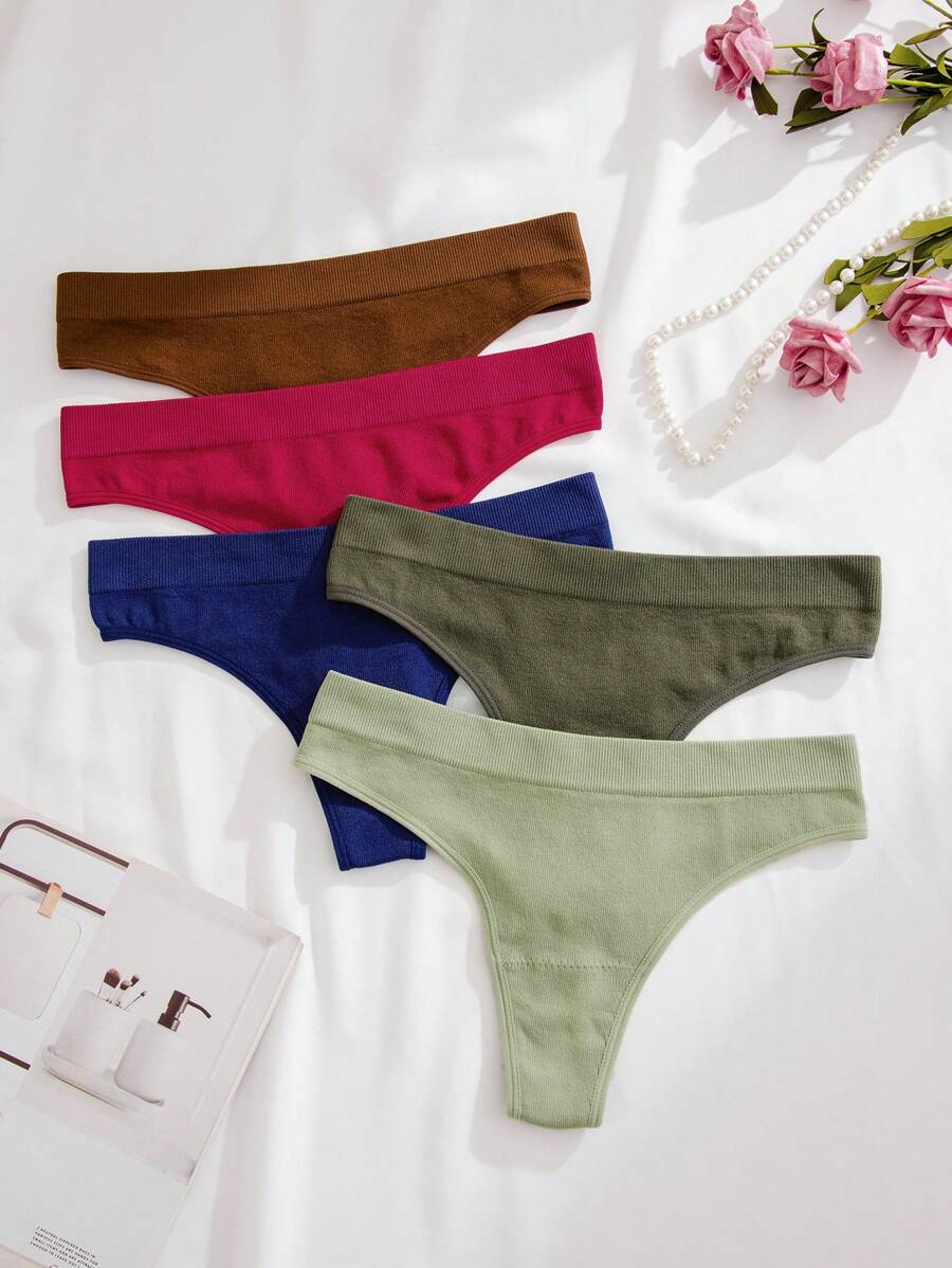 Shein Underwear&Sleepwear Basics Women's Solid Color Sexy Thongs (5pcs/Pack)