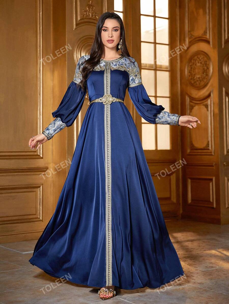 Women's Elegant Patchwork Embroidery Long Sleeve Dress, Modest