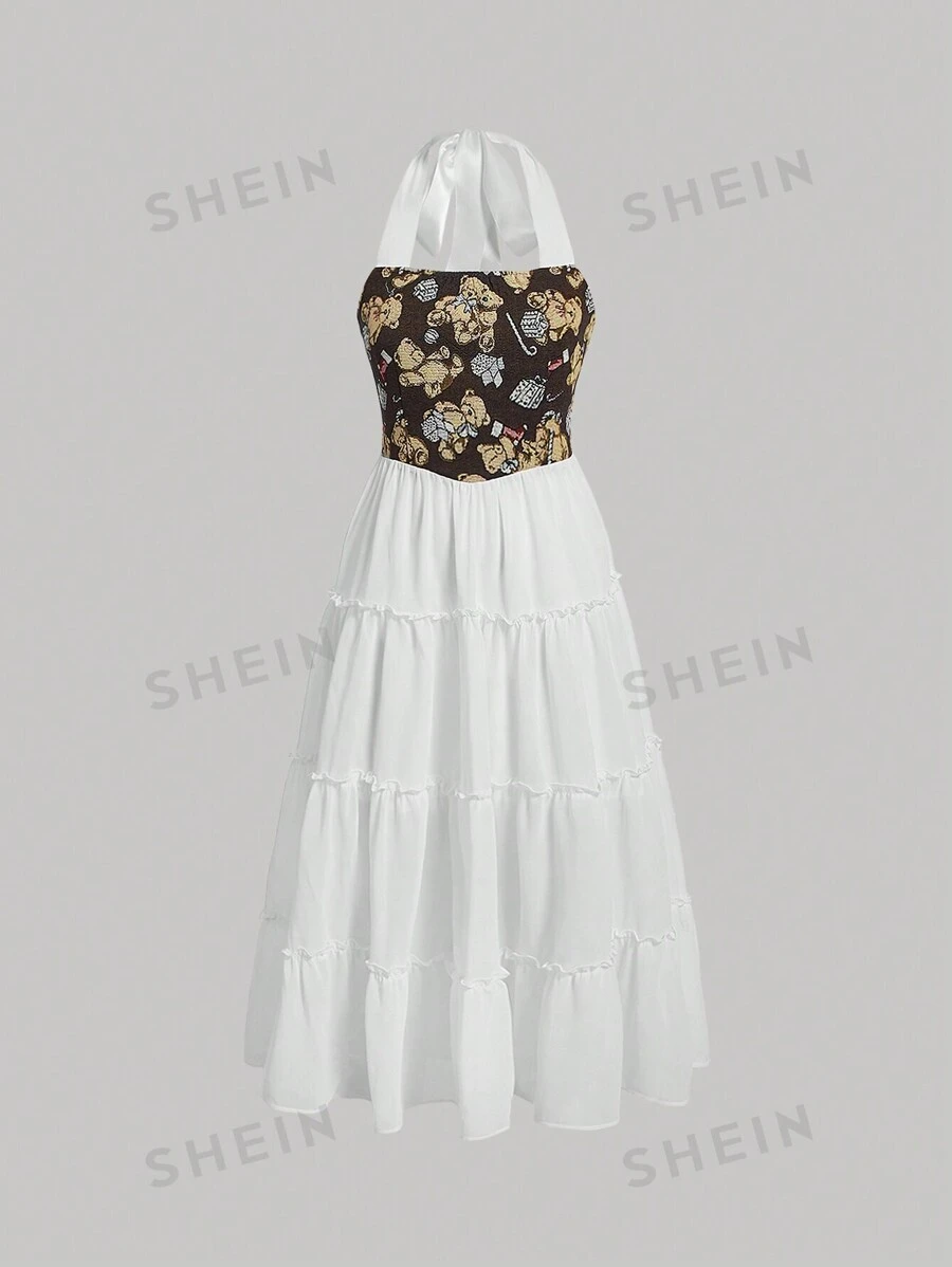 SHEIN MOD Vestido De Cuello Halter Con Estampado De Oso Y Parche