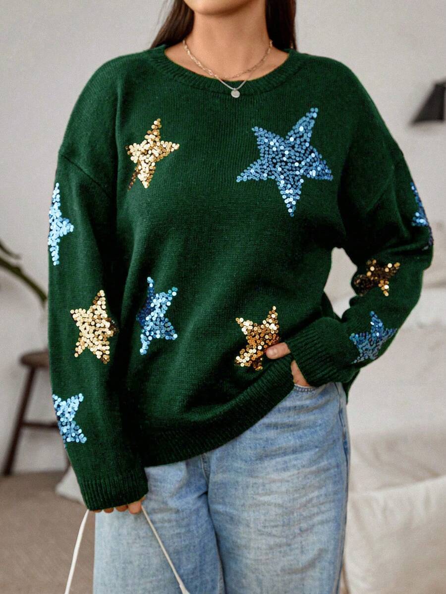 Flirla Women's Plus Size Sequined Star Drop Shoulder Sweater