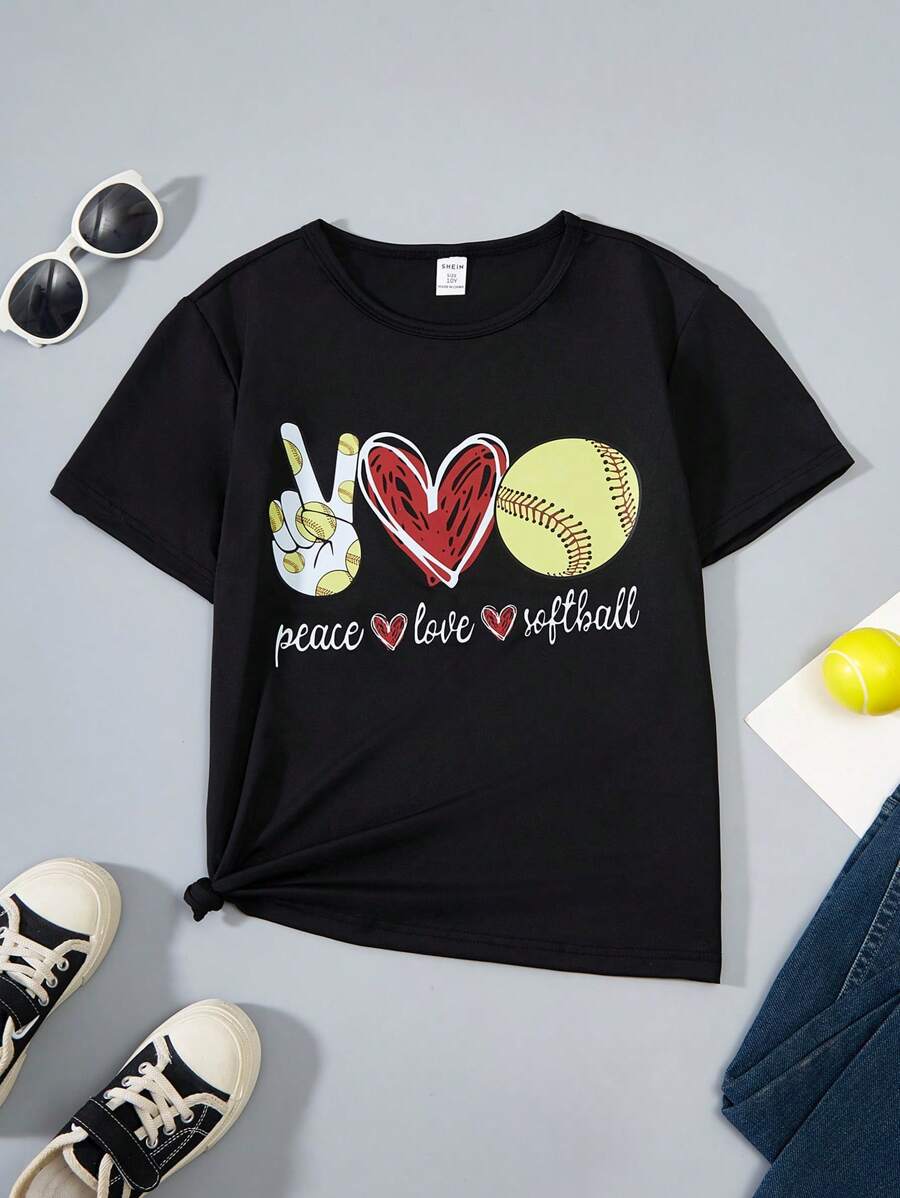 SHEIN Tween Girls' Heart Pattern Printed Casual Summer T-Shirt