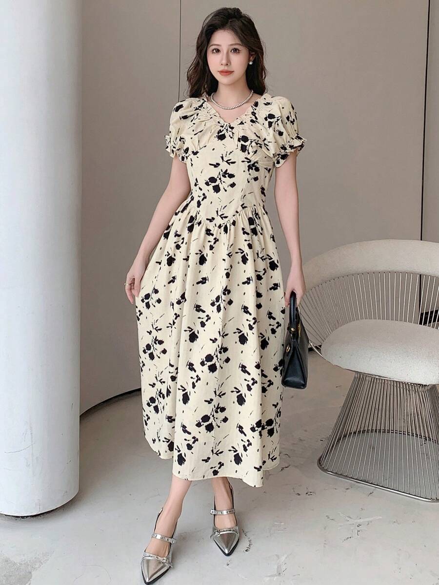 DAZY Women's Floral Printed Puff Sleeve Dress Sundress