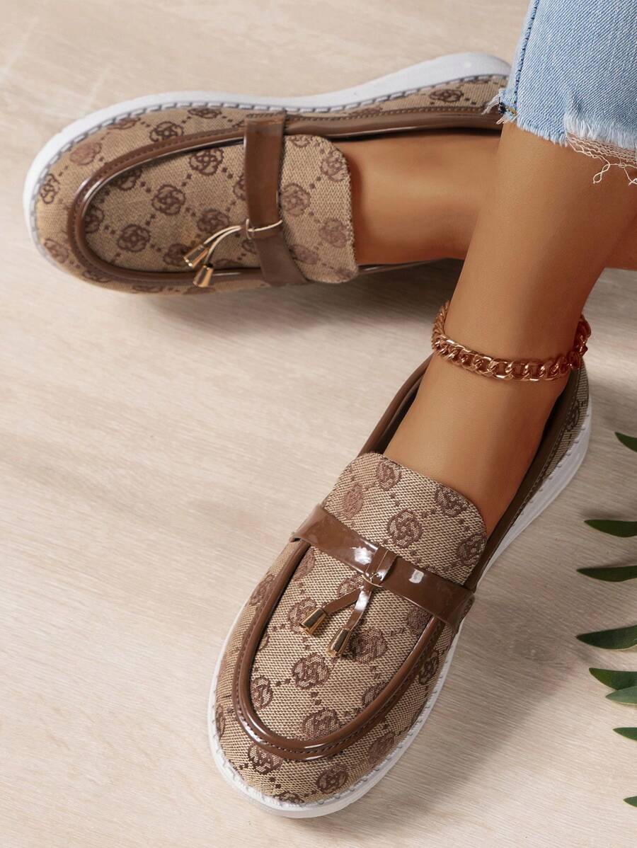 Women's Embroidered Flat Shoes With Bell Decor, Casual Breathable Slip-On Loafers With Soft Outsole, Gold
