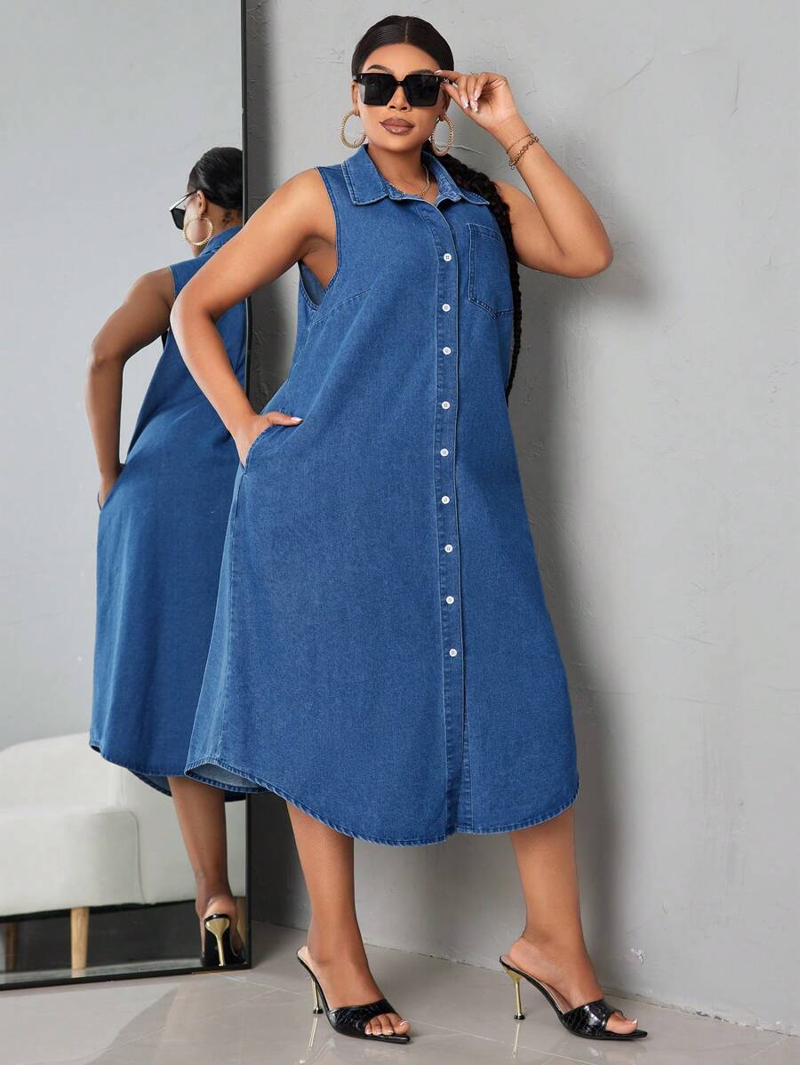 SHEIN SXY Plus Size Women'S Sleeveless Long Denim Dress Milkmaid Dress Summer Outfits For Women Festival Outfits Sundress Business Casual Woman