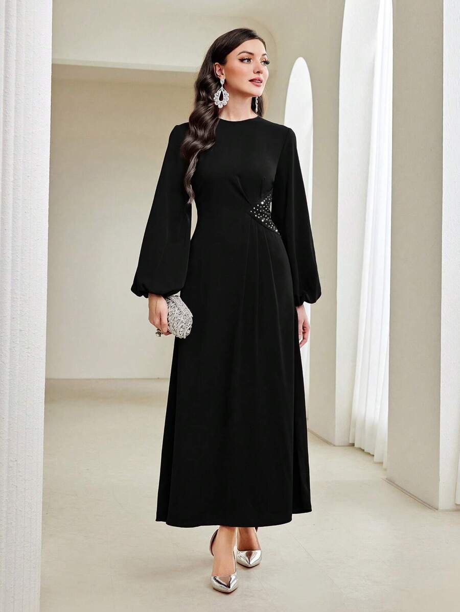 Modelyn Modest Long Lantern Sleeve Rhinestone Decoration Dress Long Evening Dresses