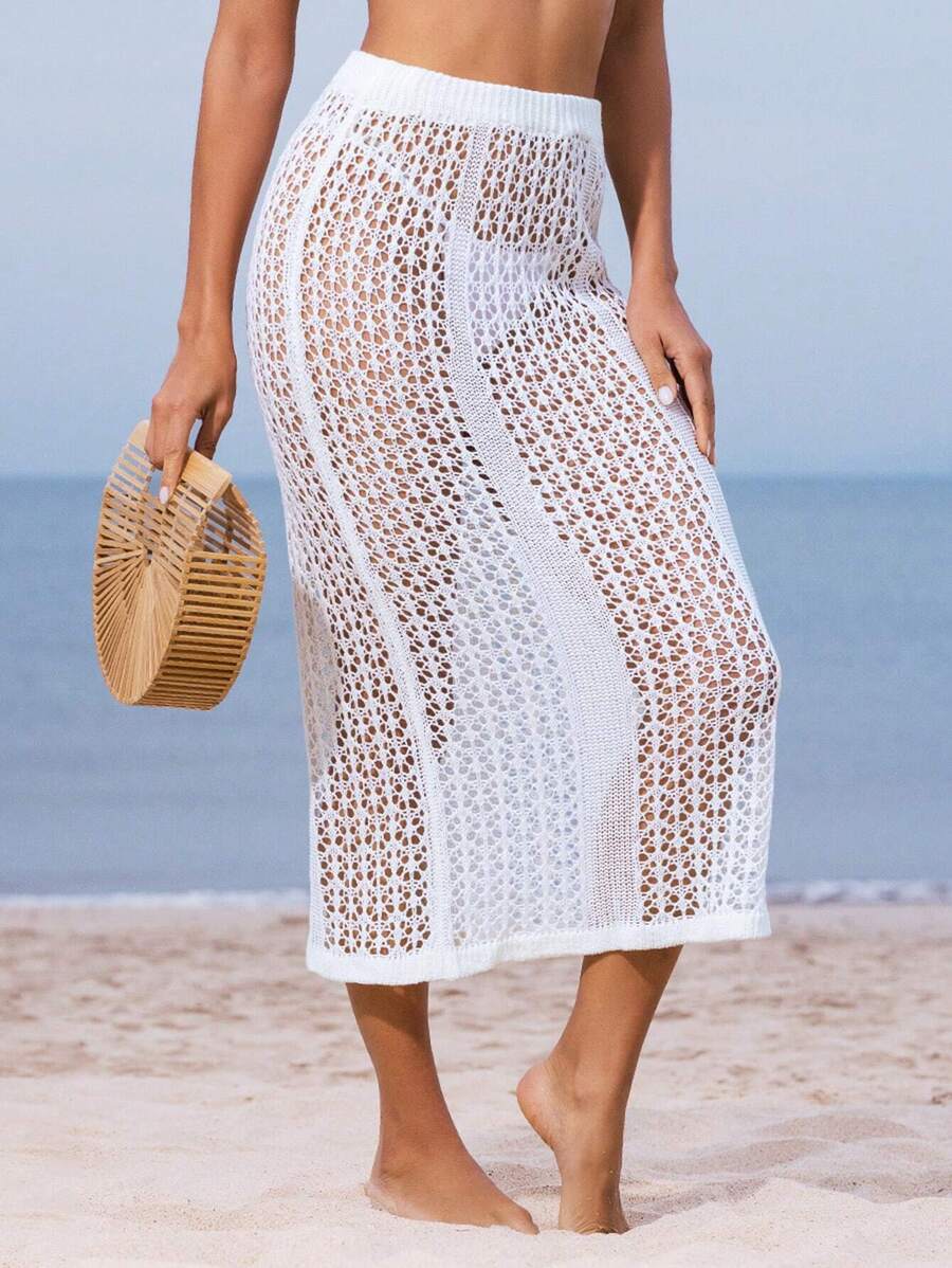 SHEIN Swim 1pc Solid Color High Waist Knitted Crochet Cover Up Skirt Summer