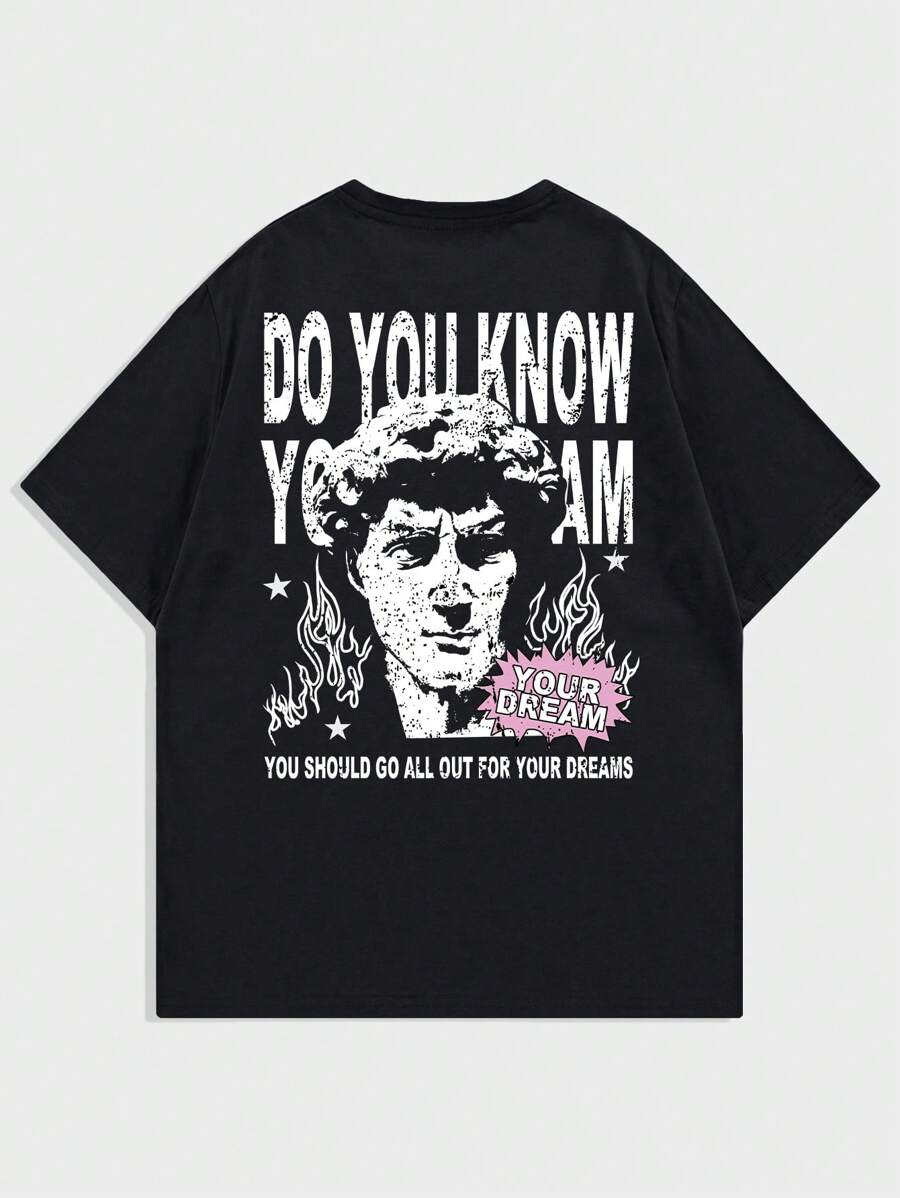 ROMWE MEN Street Life Men's Short Sleeve T-Shirt Printed With Gypsum Portrait, Suitable For Spring And Summer
