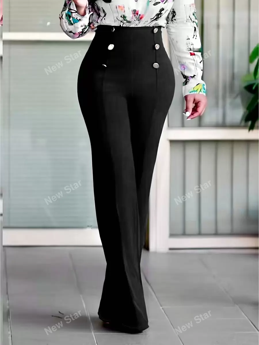 Pantalones casuales rectos y sueltos con botones de adorno, estilo versátil de calle