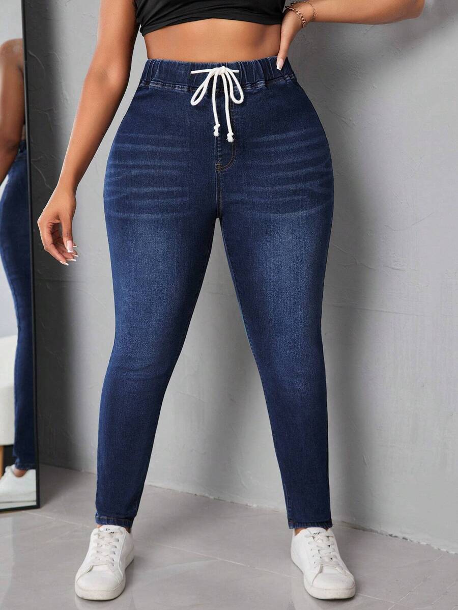 SHEIN SXY Plus Size Drawstring Waist Washed Skinny Jeans