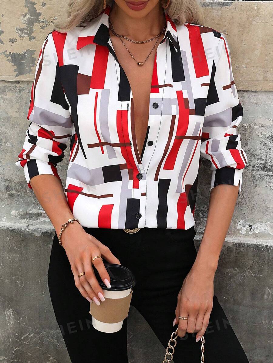 SHEIN Clasi Camisa de manga larga con estampado geométrico para mujer, tops de manga larga