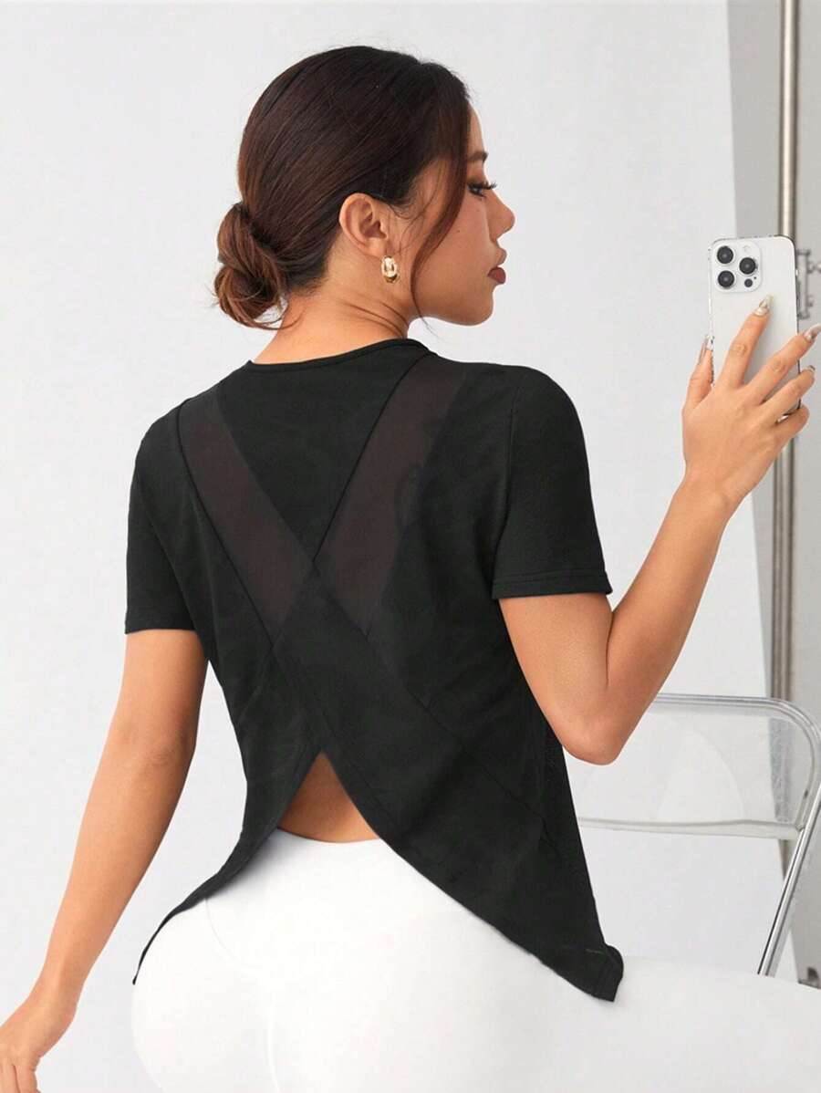 SHEIN Sports Camiseta deportiva ajustada con espalda cruzada y sin espalda, top de tirantes para entrenamiento