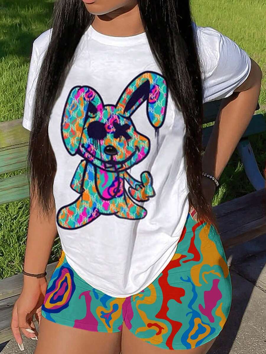 INAWLY Cartoon Printed Short Sleeve Casual 2pcs/Set