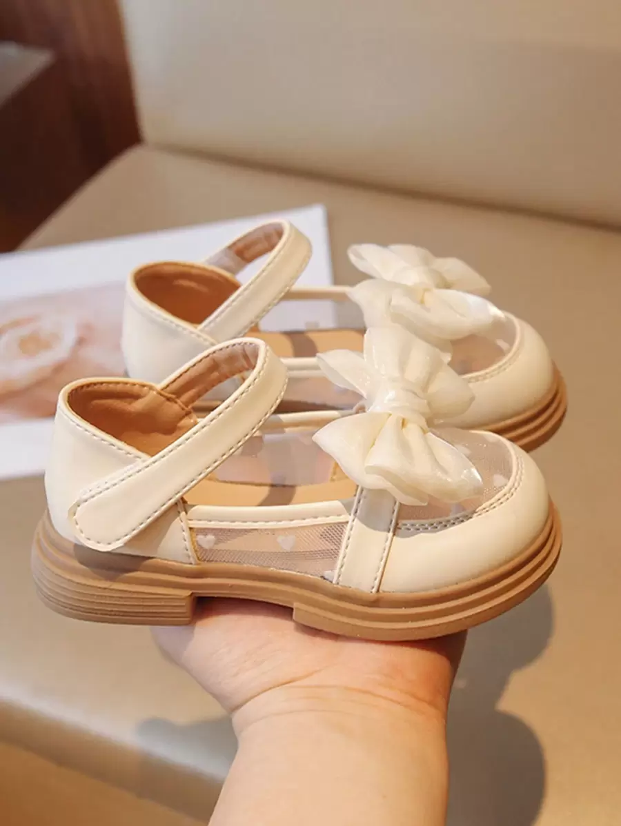 Kids' Flat Shoes Girls' Princess Shoes With Bowknot & Mesh & Soft Sole, Khaki Cut-Out Leather Shoes