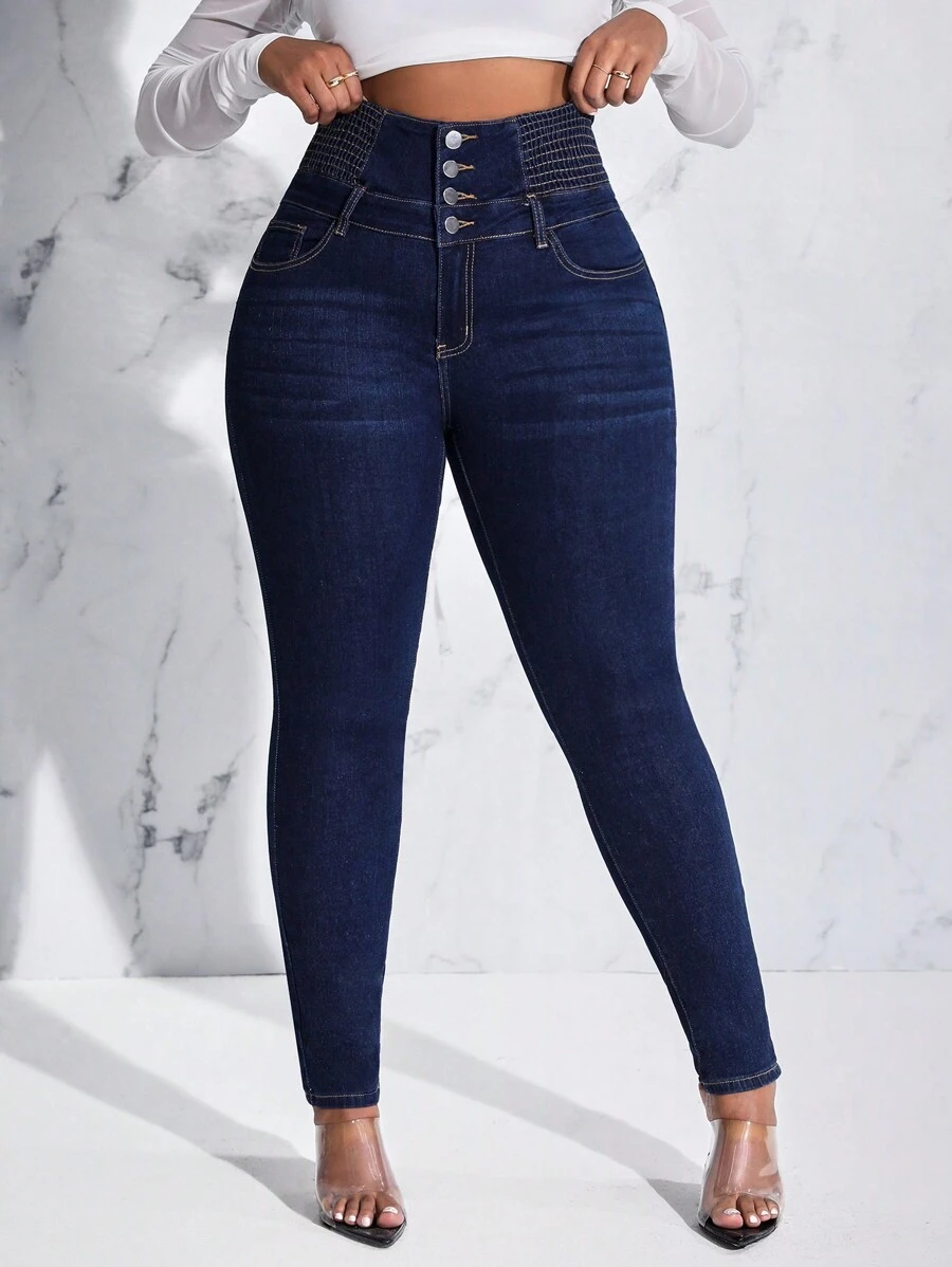 SHEIN Lady Women's Plus Size Slim Fit Jeans With Button And Whisker Design