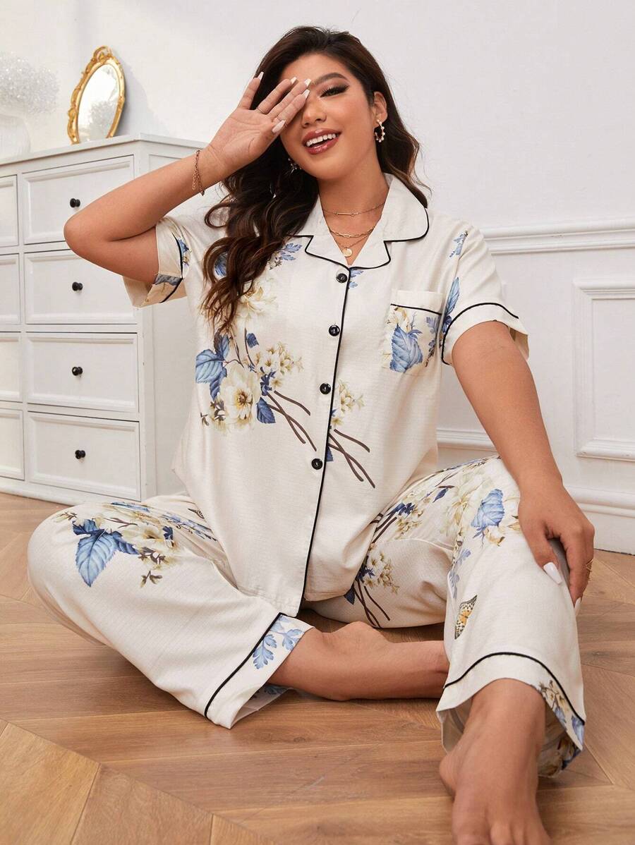 Plus Size Women's Floral Printed Short Sleeve Shirt & Shorts Pajama Set, Loose Fit And Comfortable Home Clothing For Spring, Vacation
