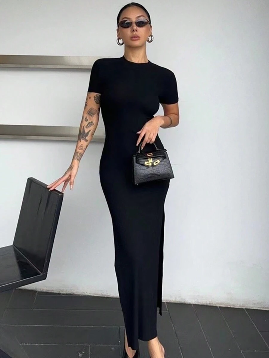 INAWLY Solva Women's Solid Color Slim Fit Side Slit Dress