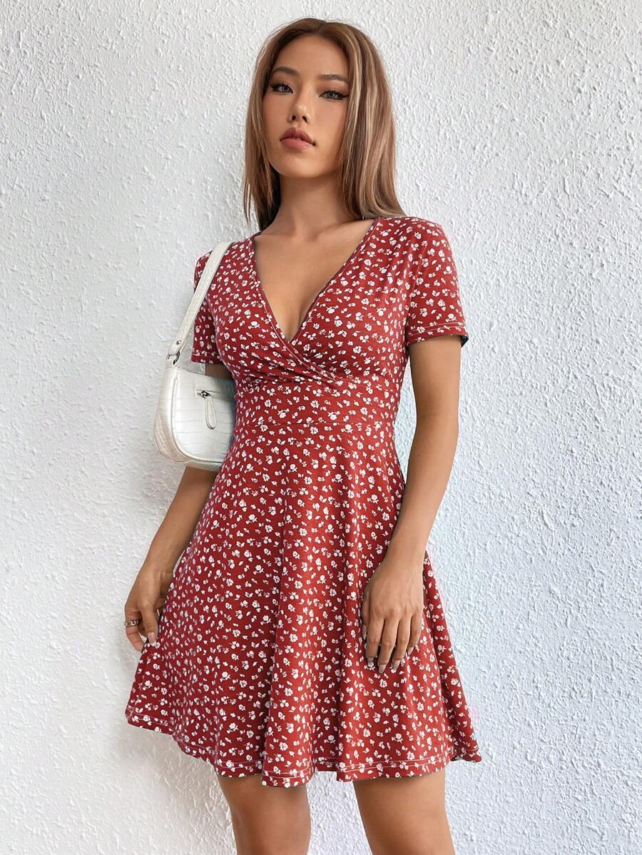 SHEIN EZwear Women Spring/Summer Elegant Wrap Heart Polka Dot Print V-Neck Short Sleeve Dress