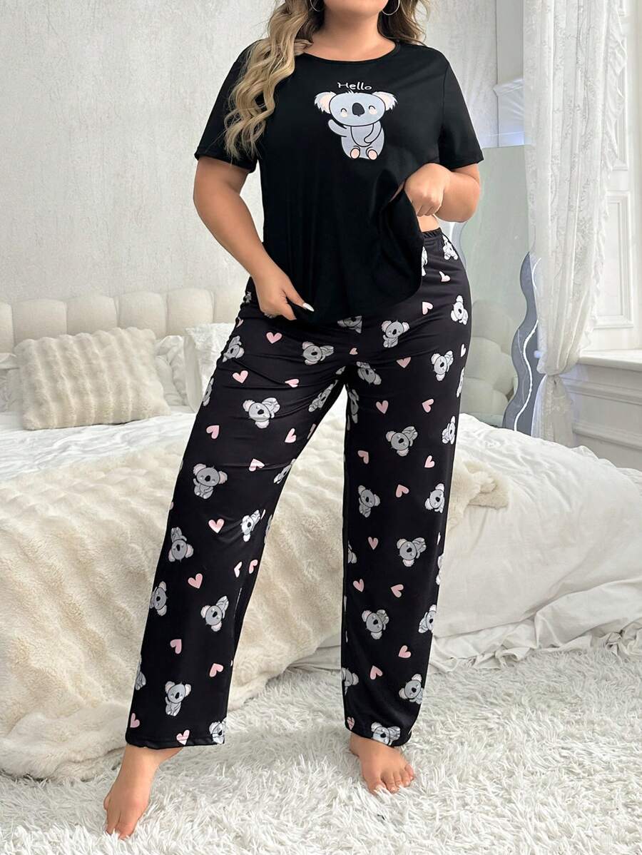 Conjunto De Pijama Con Pantalones Y Top De Manga Corta Con Estampado De Koala De Talla Grande