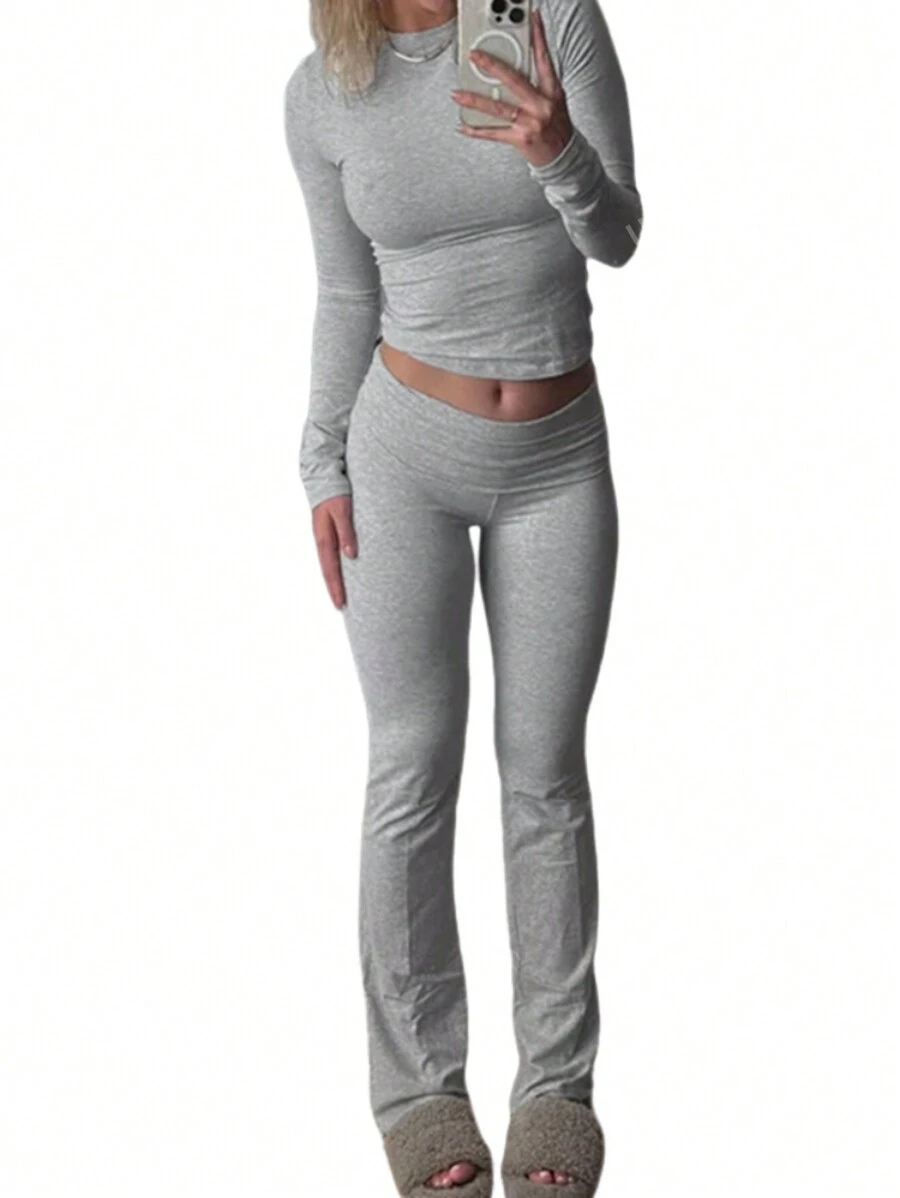 Women's Plain Slim Fit Two Piece Set Including Crop Top With Long Sleeves And High Waist Trousers