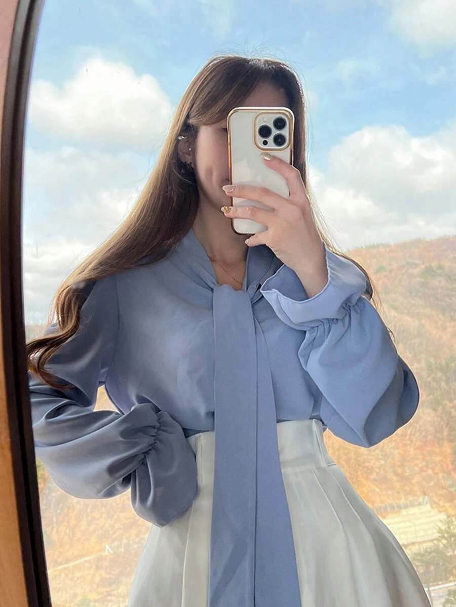DAZY 1pc Women's Solid Color Bow Neck Elegant Business Casual Blouse,Ruffle,Fall Clothes