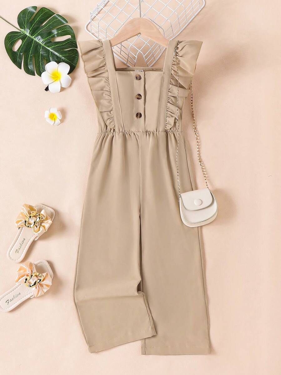 SHEIN Salopette À Demi-fermeture Boutonnée , Avec Garniture À Volants Pour Les Jeunes Filles
