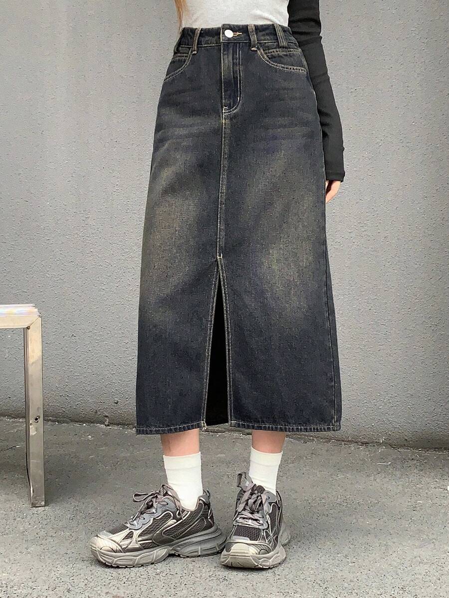 DAZY Washed High-Low Hem Loose-Fit Denim Skirt With Slanted Pockets