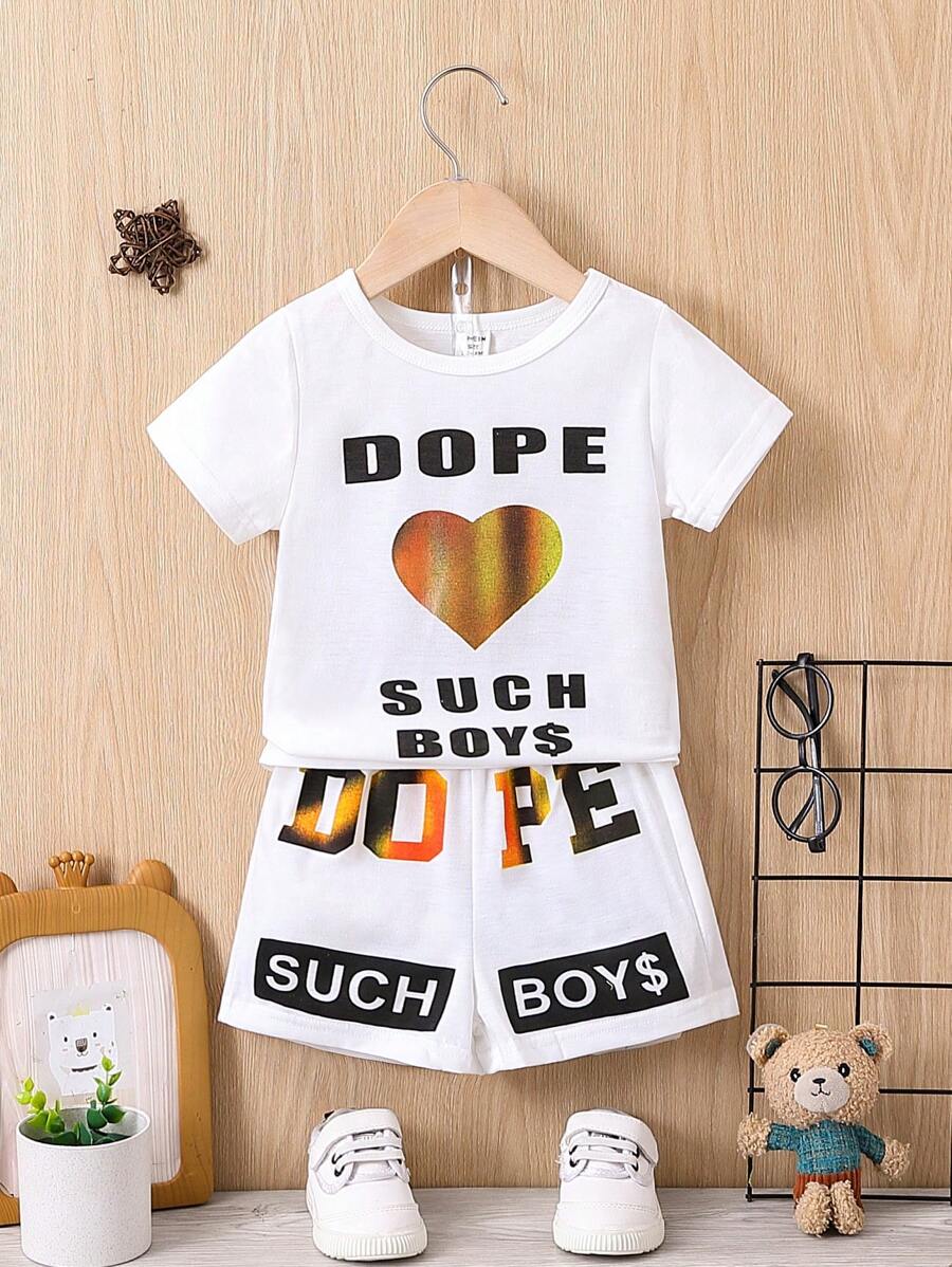 Infant Heart Print Short Sleeve T-Shirt And Shorts Set