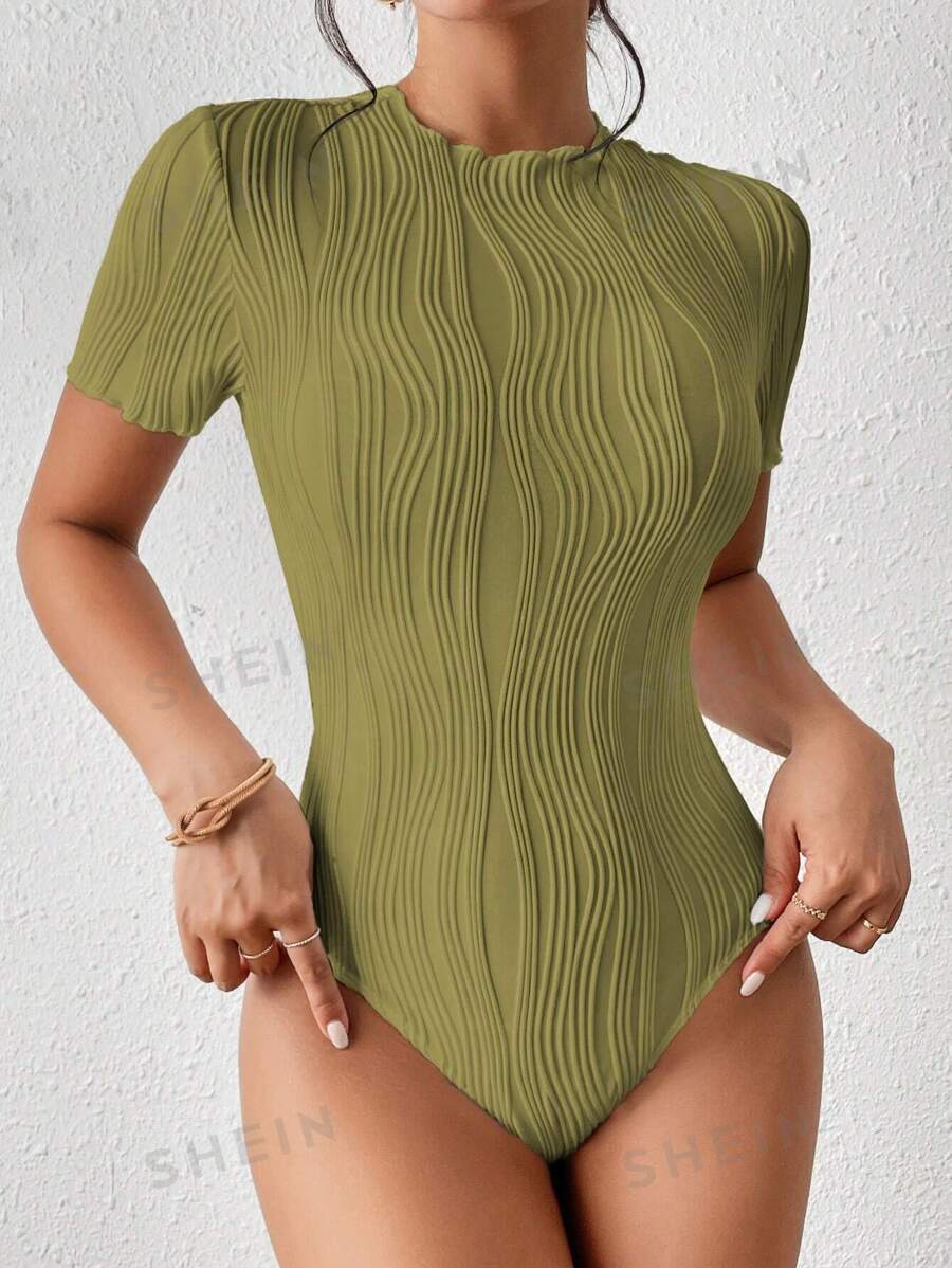 SHEIN Frenchy Body de mujer de color liso, cuello redondo, con bordado calado y manga corta, moda, ropa de vuelta al colegio, estilo vintage, ropa de otoño, ropa para el 4 de julio, atuendos para maestras
