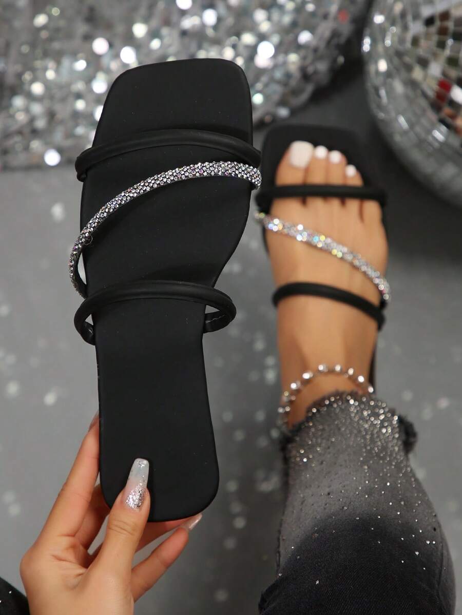 Summer New Arrival Fairy Style Rhinestone Decor Open Toe Flat Sandals For Women, Slip-On Valentines