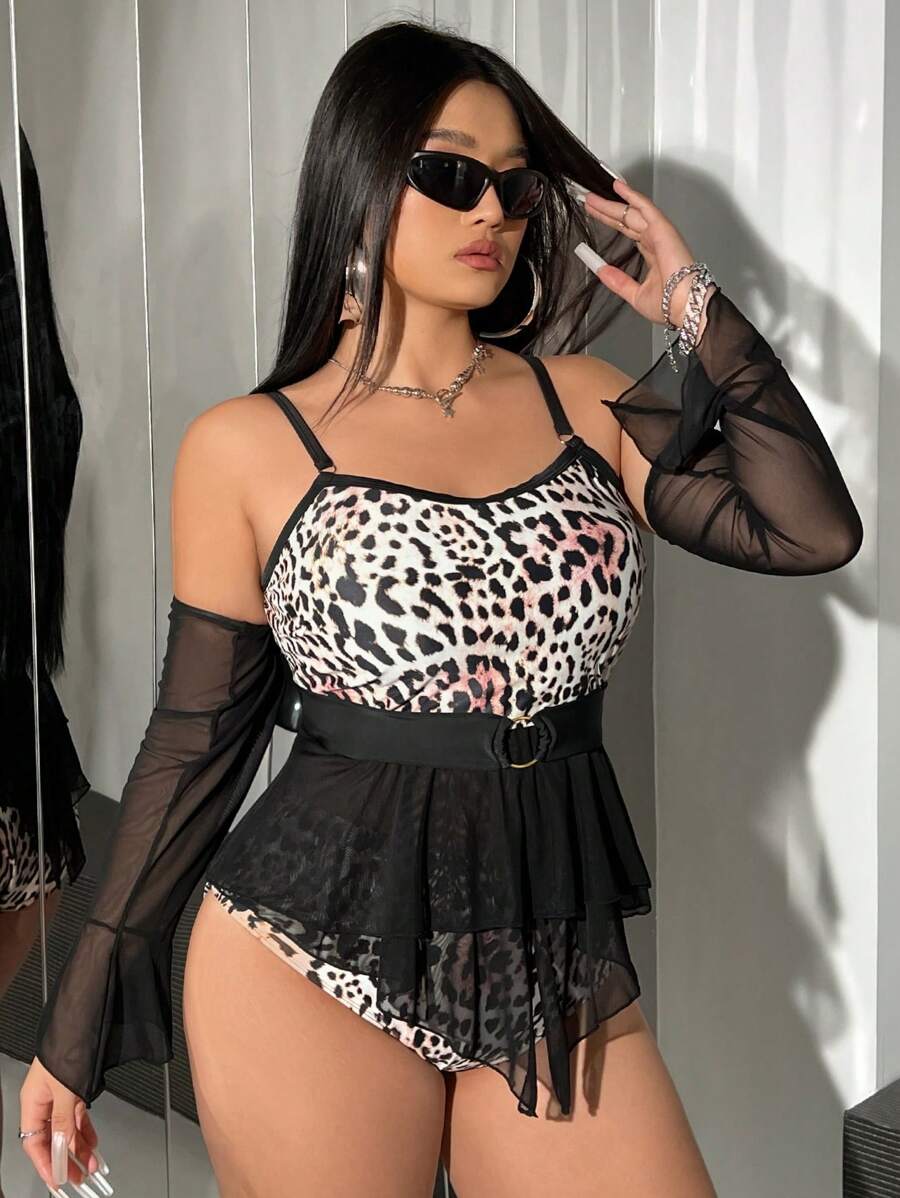Swim EVENT Plus Size Summer Beach Leopard Mesh Panel Cami Vest Style Tankini Set