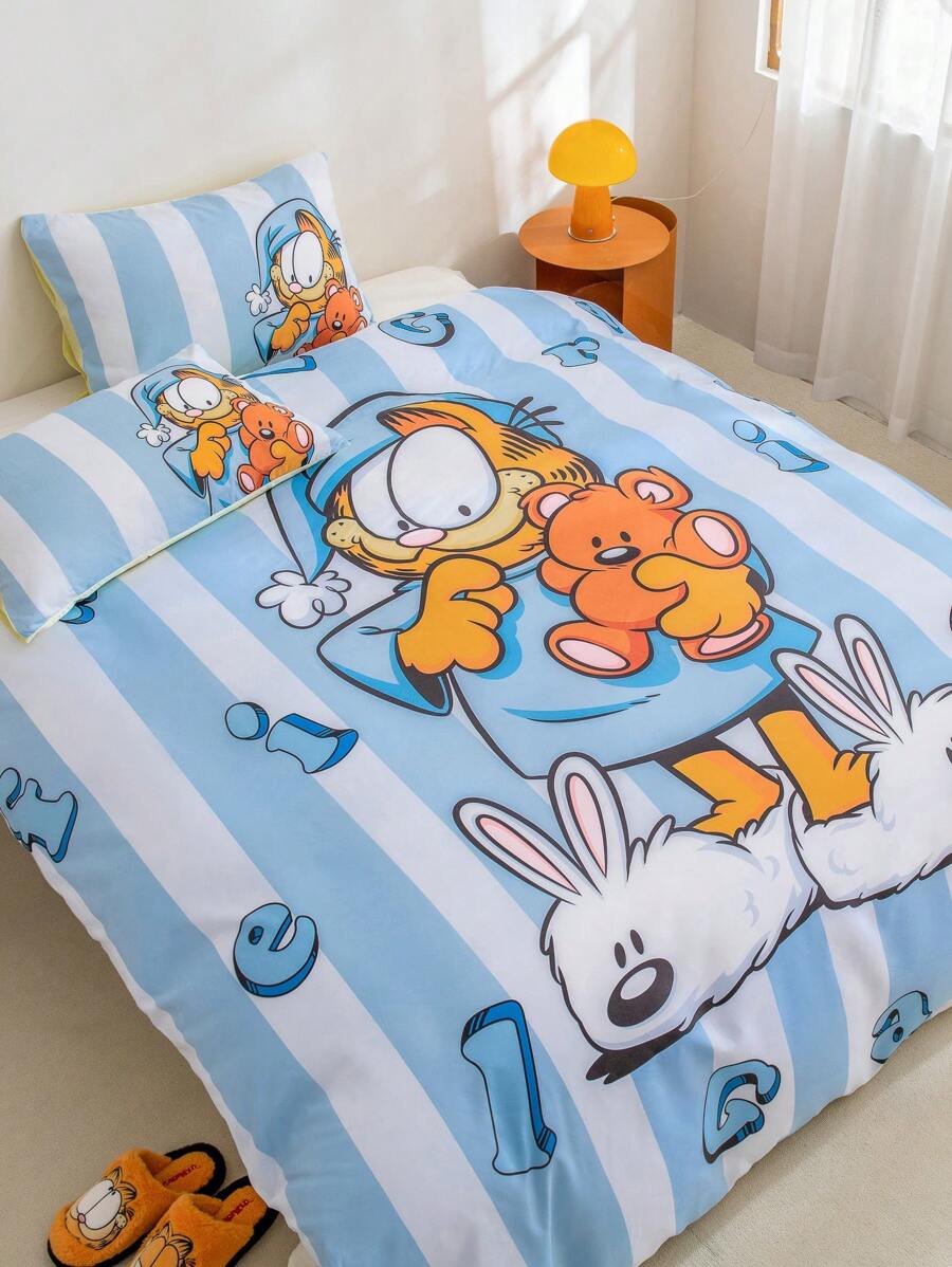 GARFIELD X SHEIN Soft Cute Cartoon Cat Print Blue Bedding Set