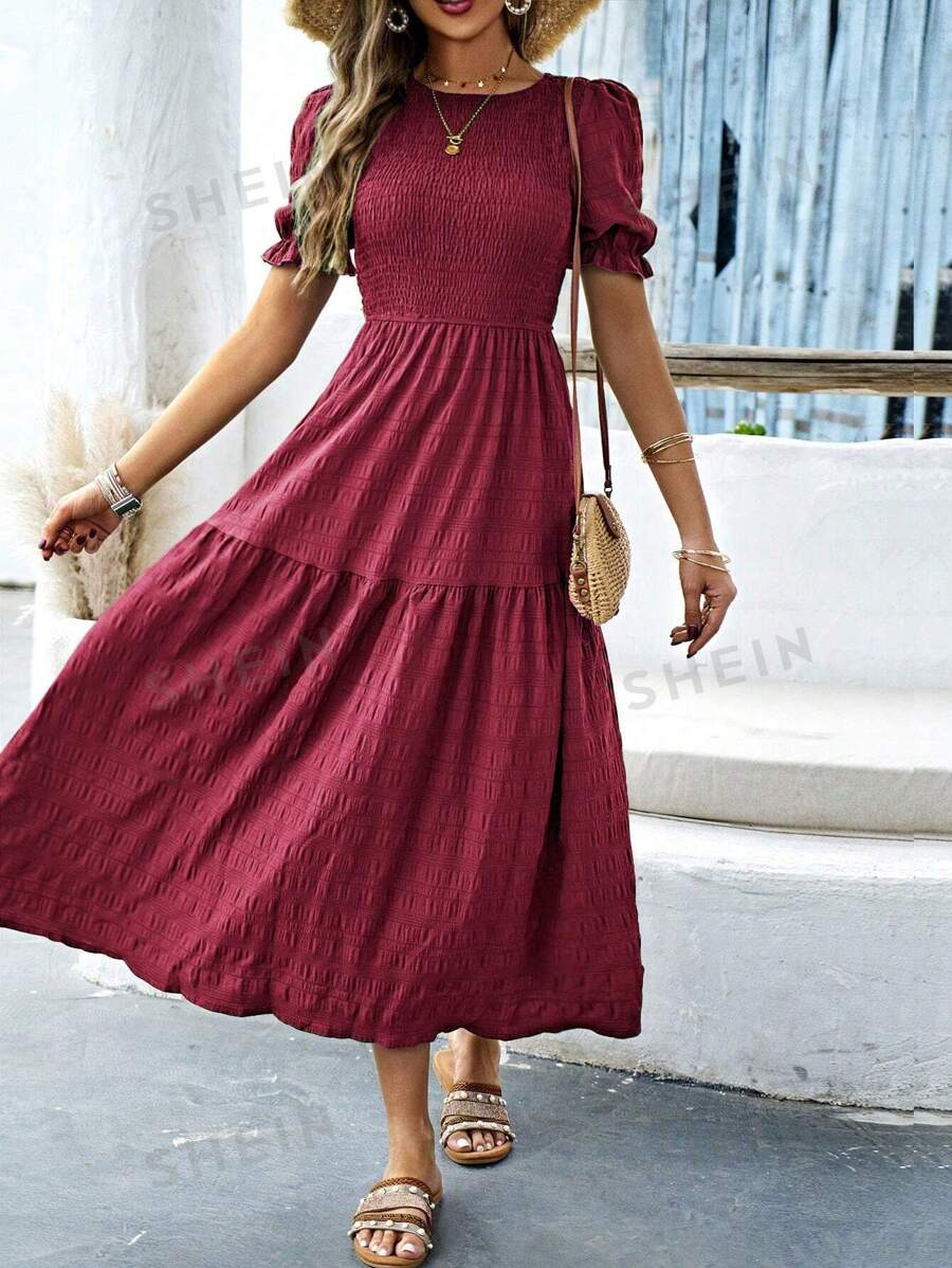 Breezaya Vestido largo con cuello redondo y mangas cortas plisado para mujer, color burdeos