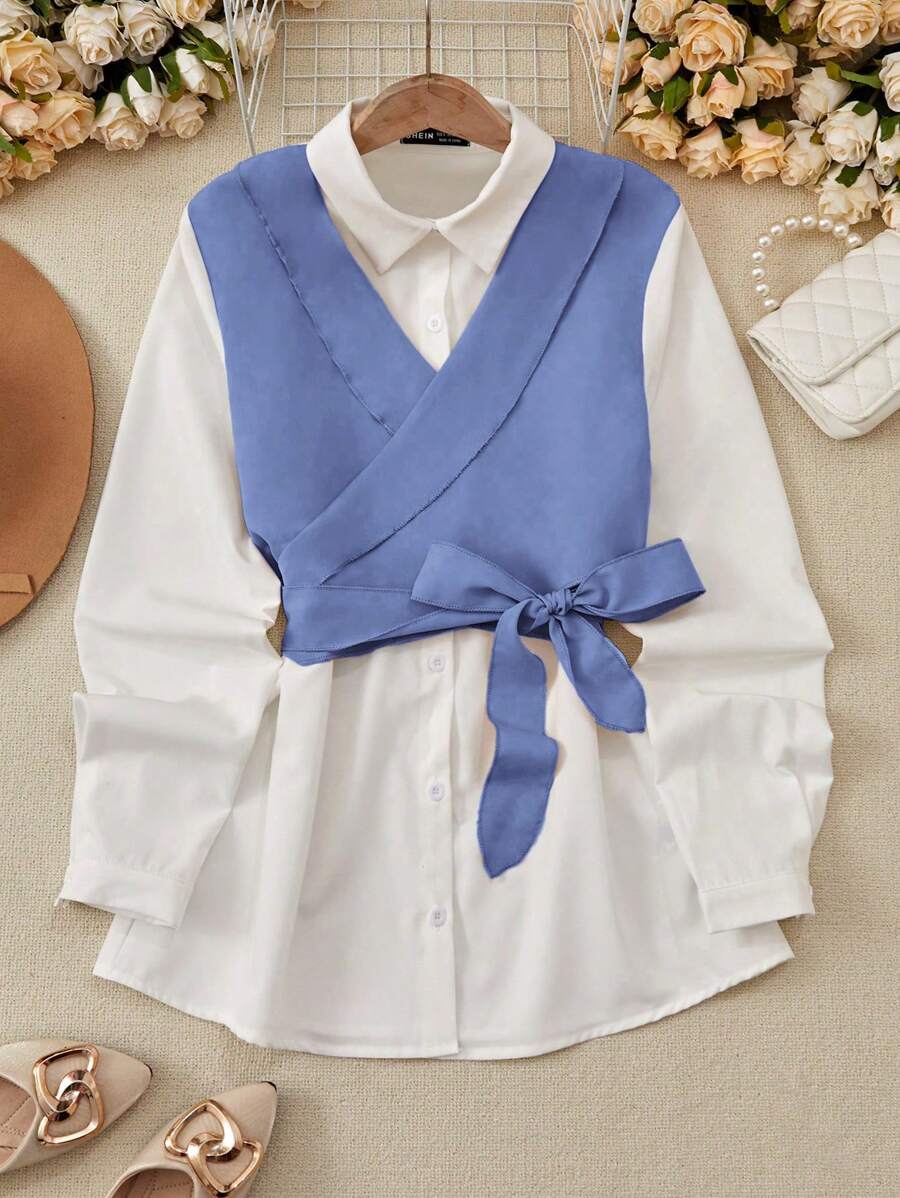 Calvaya Vrouwen Colorblock Front Tie Lange Mouw 2 In 1 Blouse Dames Shirt