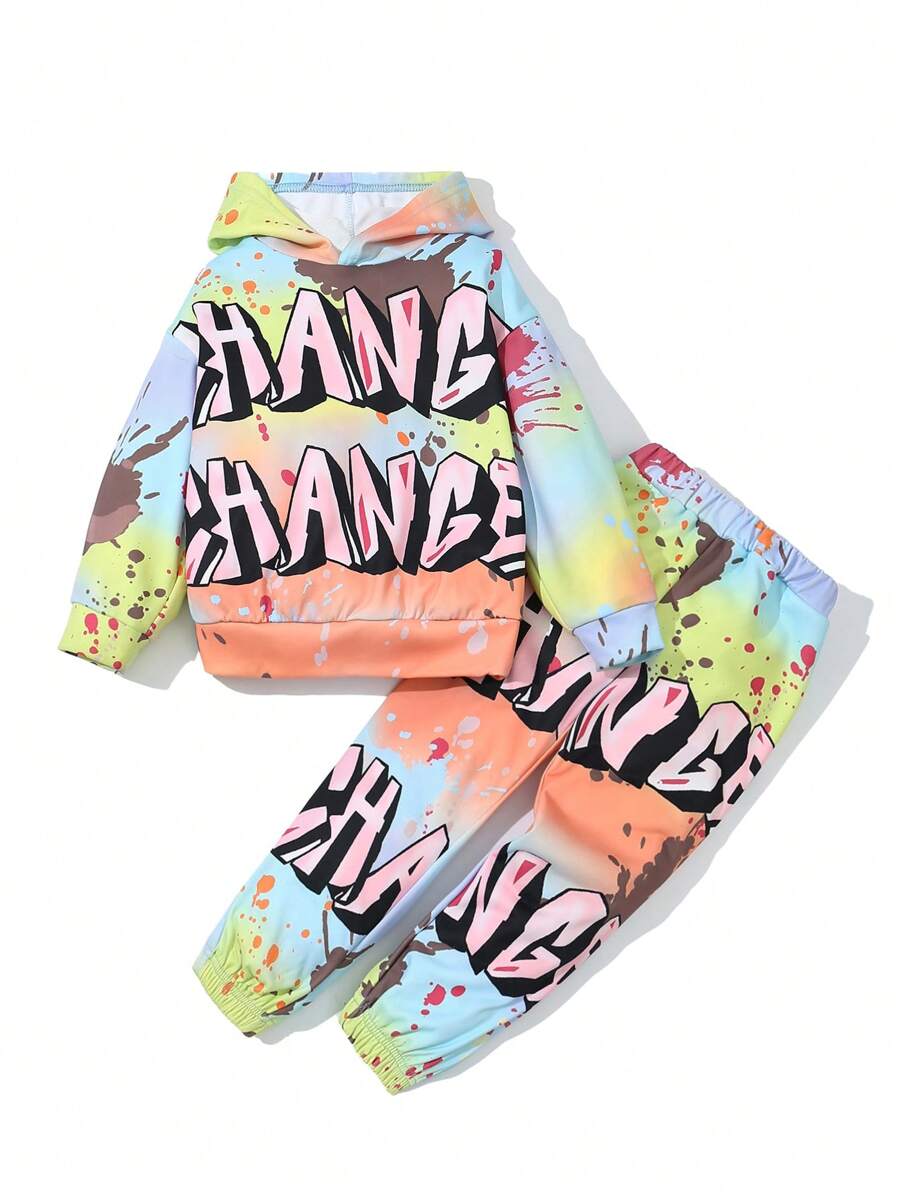 SHEIN Conjunto de sudadera con capucha y pantalón de chándal casual y cómodo con estampado gráfico para niños pequeños, forrado térmico y engrosado