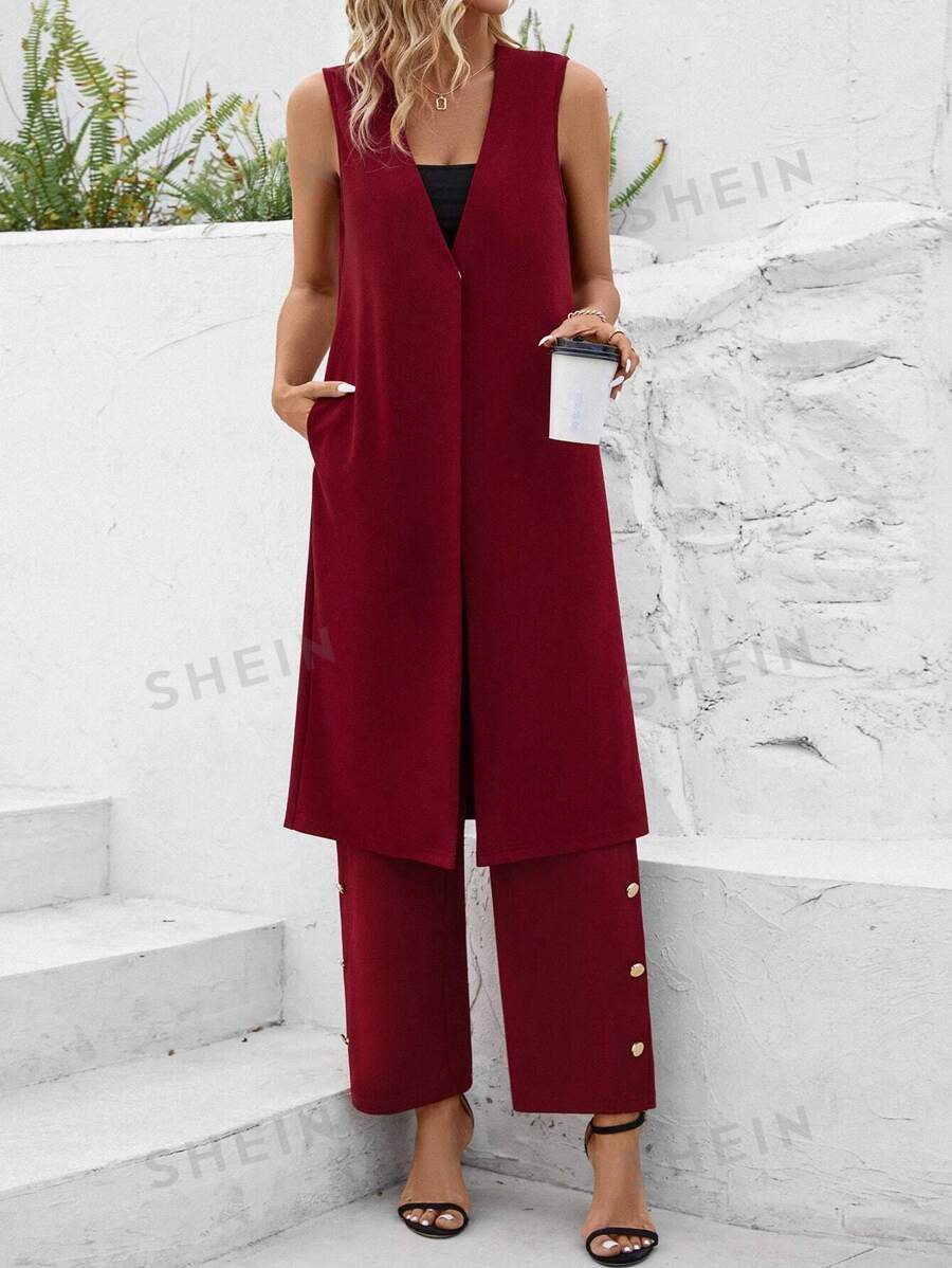 SHEIN Clasi Conjunto De Abrigo Sin Mangas Y Pantalones Para Mujer