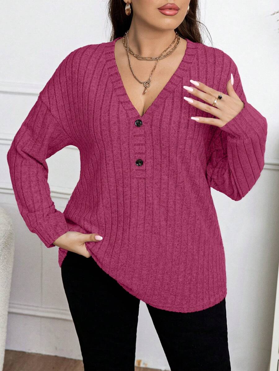 EMERY ROSE Plus Size Solid Color Ribbed Knit T-Shirt