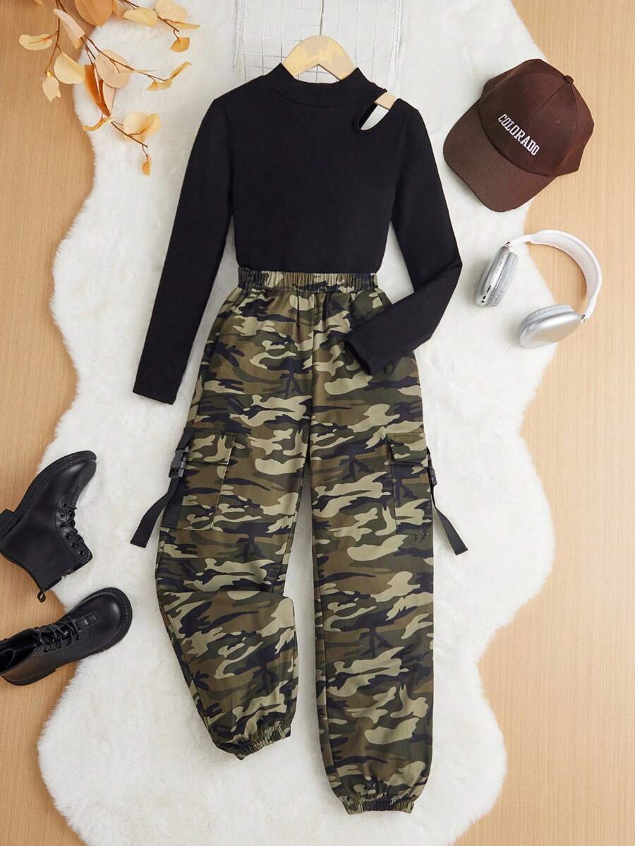 Tween Girl Casual Hollow Out T-Shirt And Camouflage Cargo Pants Set