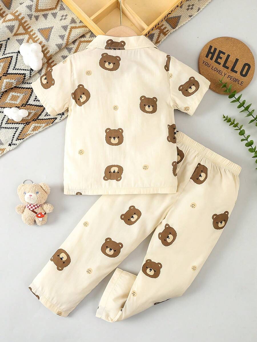 SHEIN X JIMENA & MATEO 2pcs/Set Young Boy Cute Brown Bear Pattern Short Sleeve Shirt And Loose Pants Pajama Set Pyjama Ours