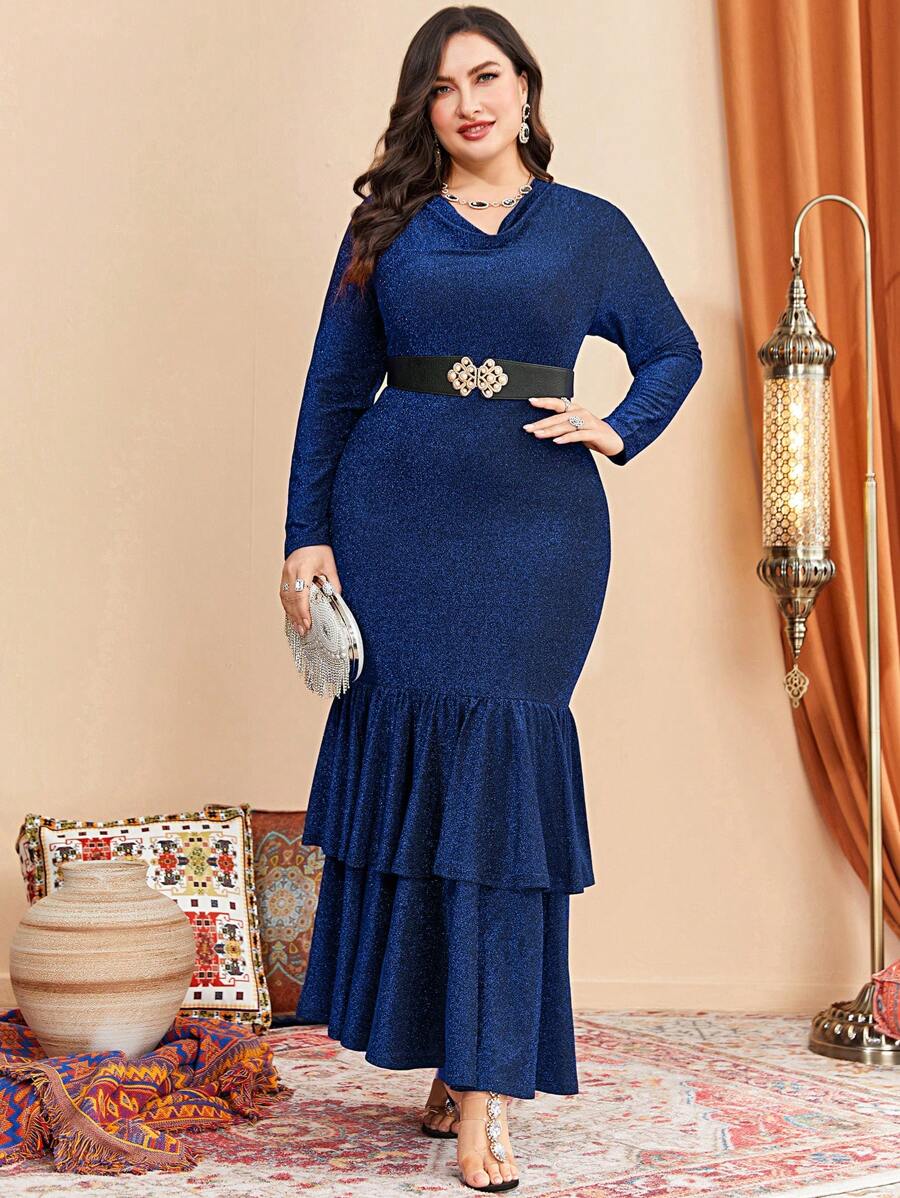 Modelyn Plus Size Cowl Neck Fish Tail Hem Dress Without Waist Belt