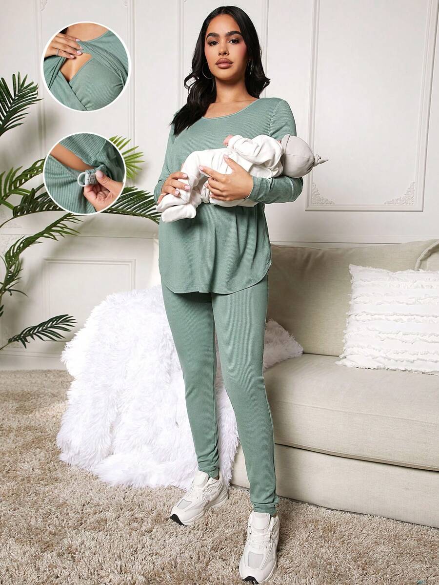 MaterniWear Conjunto De Enfermería De Pantalones Y Top De Manga Larga De Color Sólido De Maternidad