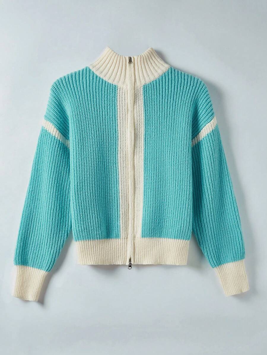 Flirla Women's Contrast Color Zipper Cardigan With Open Front