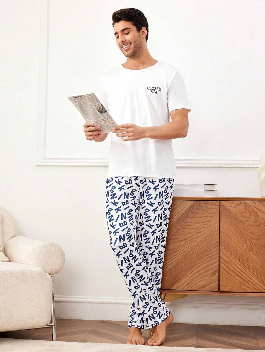 Conjunto De Ropa De Hogar Para Hombres Con Camiseta De Manga Corta Y Pantalones Cortos De Dormir Con Letras Impresas