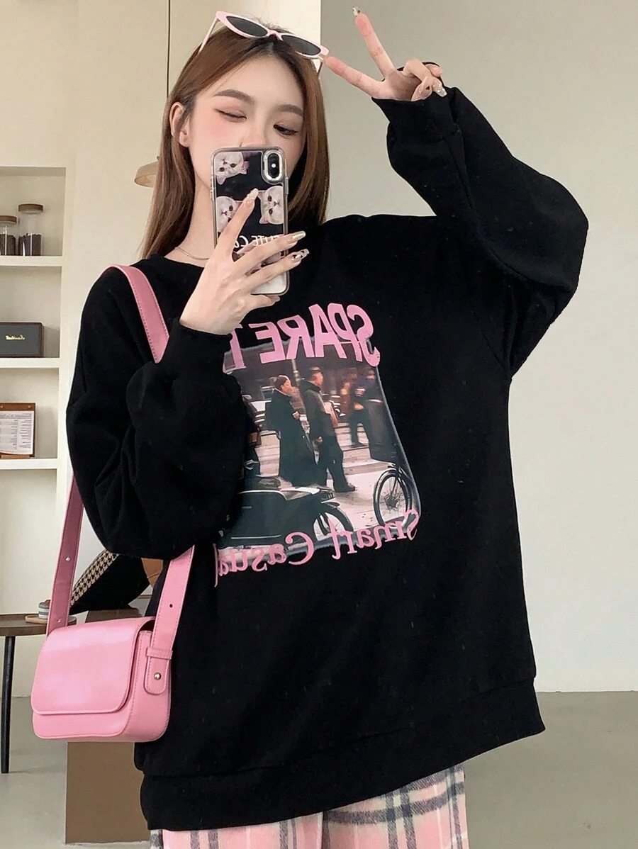 DAZY Women's Loose Portrait Print Sweatshirt,Fall Women Clothes
