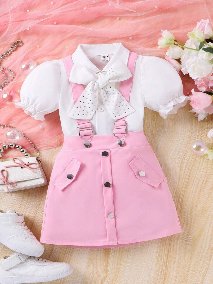 SHEIN Young Girl Spring And Autumn Casual And Cute Lady College Style Shirt And Suspender Skirt Set