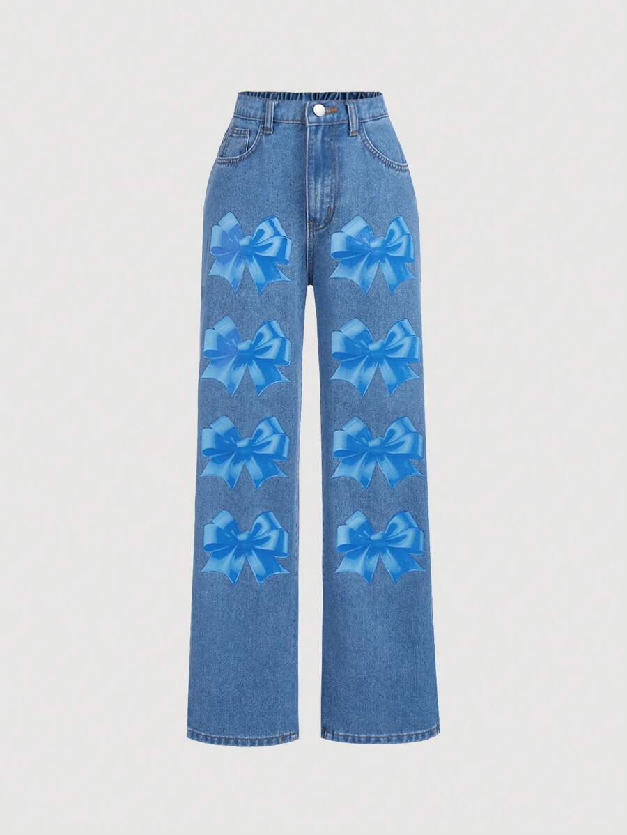 SHEIN Jeans Rectos De Tiro Medio Regulares Con Estampado De Moño Para Adolescentes