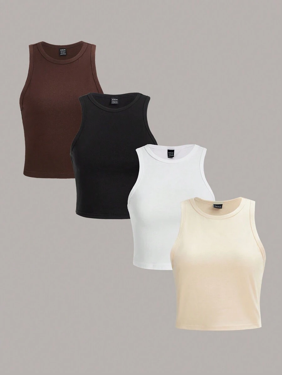 SHEIN Essnce 4pcs/Set Women's Casual Solid Color Crew Neck Top, Black, White, Apricot, Coffee Suitable For Summer