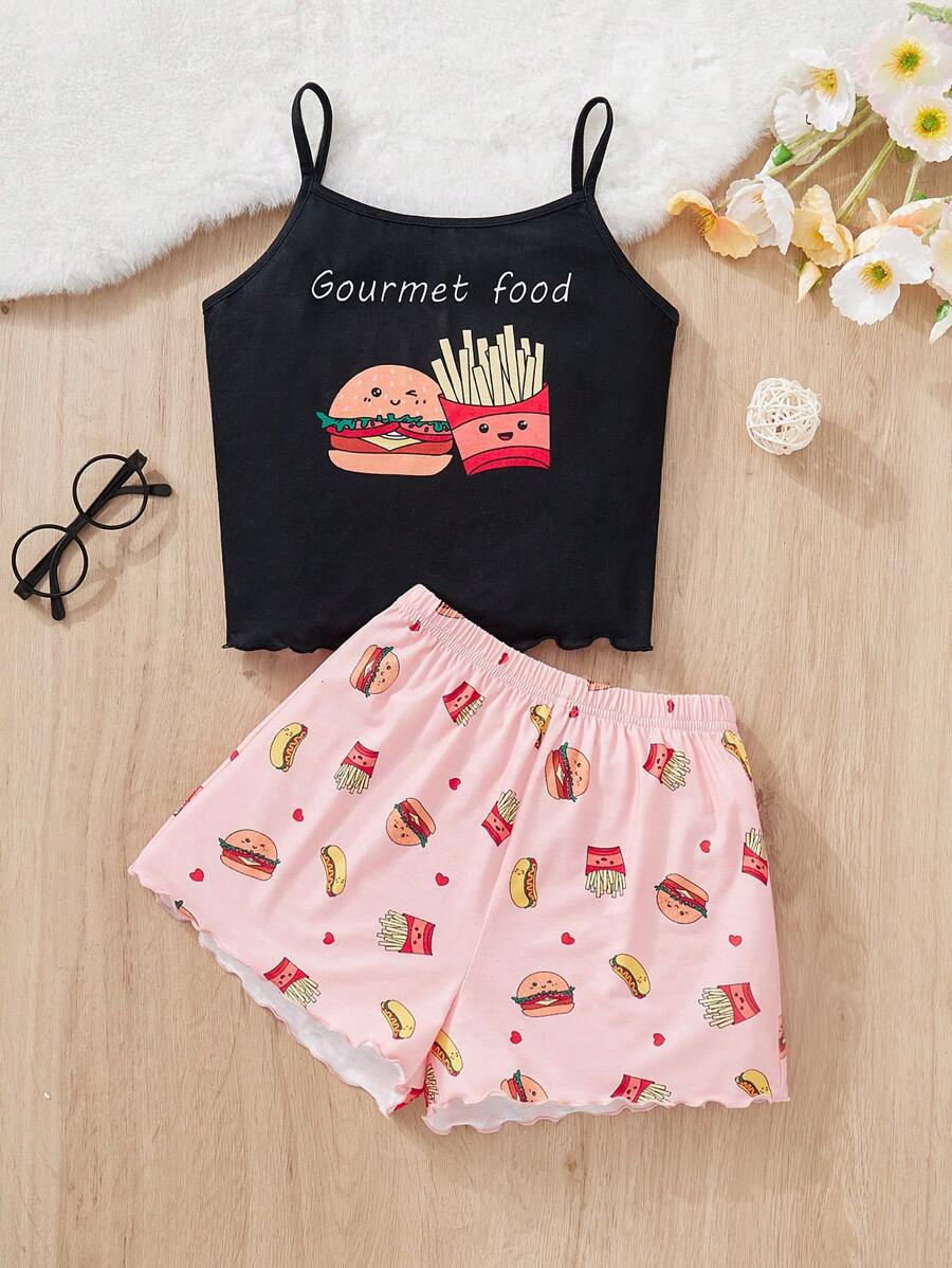 SHEIN Tween Girl's Cartoon Printed Tank Top And Shorts Set For Home, 2pcs